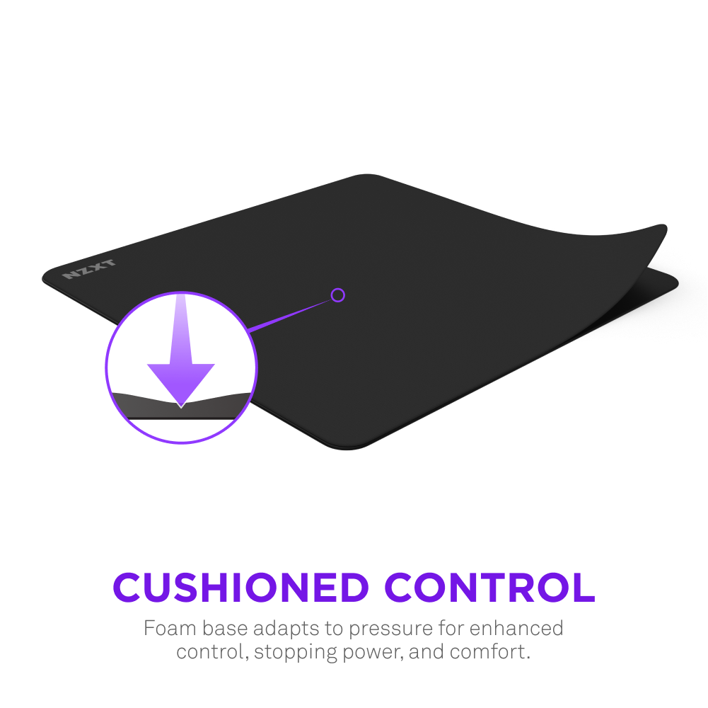 A Zone Elite mouse pad by NZXT in black shows a raised corner, revealing its cushioned foam base and ultra-smooth surface. An arrow indicates the cushioned layer. Text: CUSHIONED CONTROL. Foam base adapts to pressure for comfort and control.