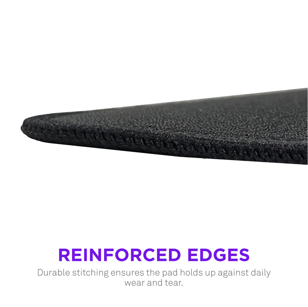 A close-up of the NZXT Zone 2XL mousepad shows reinforced, durable stitched edges and a micro-weave cloth surface designed to resist daily wear, all set against a black background. Text reads: REINFORCED EDGES for long-lasting use.