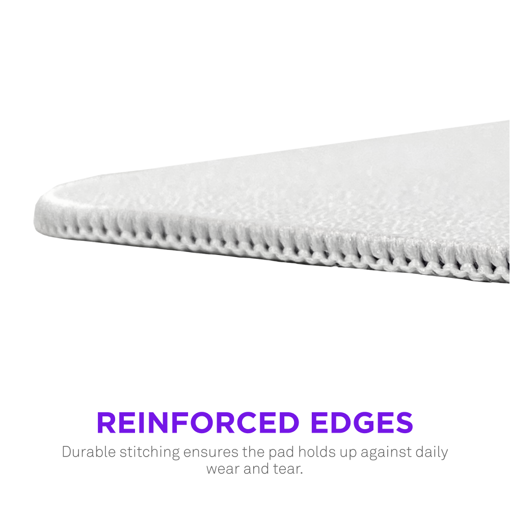 Close-up of the NZXT Zone 2XL mousepad in white, featuring reinforced, tightly-stitched edges. Its micro-weave cloth surface and durable stitching provide lasting protection against daily wear and tear.