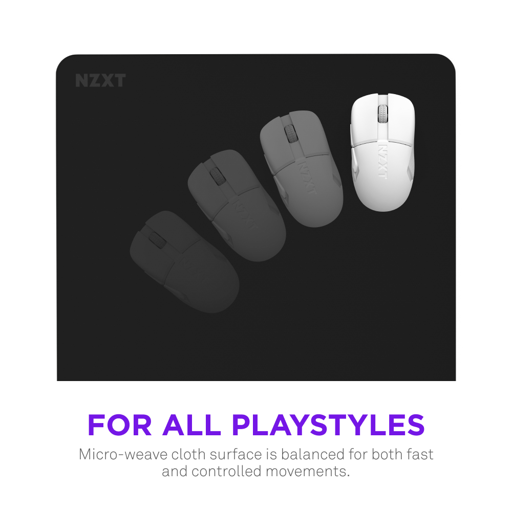 A white NZXT mouse on a black NZXT Zone 2XL mousepad is shown, with motion blur effects. Purple text reads For All Playstyles, while smaller text highlights the balanced micro-weave cloth surface and spill-resistant coating.