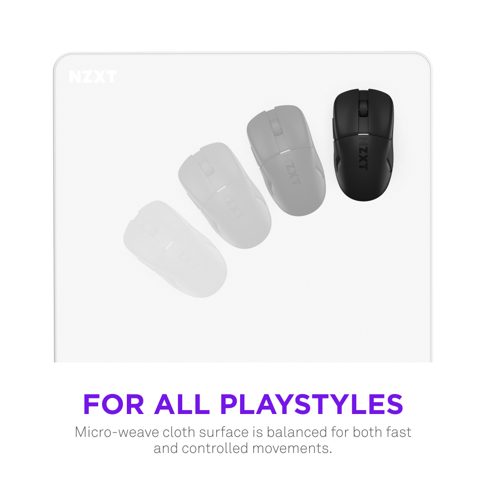 A black NZXT mouse appears in four positions on the NZXT Zone 2XL mousepad, highlighting different angles. Below, text states: FOR ALL PLAYSTYLES. Micro-weave cloth surface is balanced for fast and controlled movements.