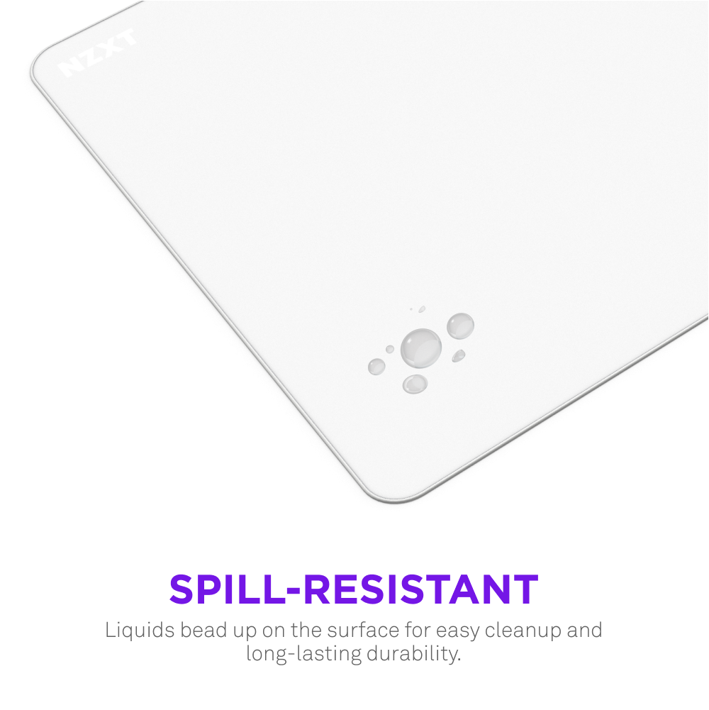A close-up of the NZXT Zone 2XL mousepad’s micro-weave cloth surface with water droplets shows its spill-resistant coating. Text below reads: SPILL-RESISTANT. Liquids bead up for easy cleanup and long-lasting durability.